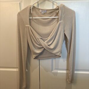 MARBLE Tan Long Sleeve Wrap Crop Blouse